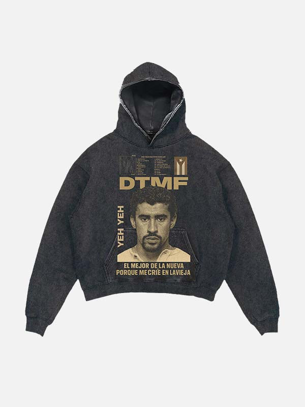 Bad Bunny Print Slant Pockets Hoodie